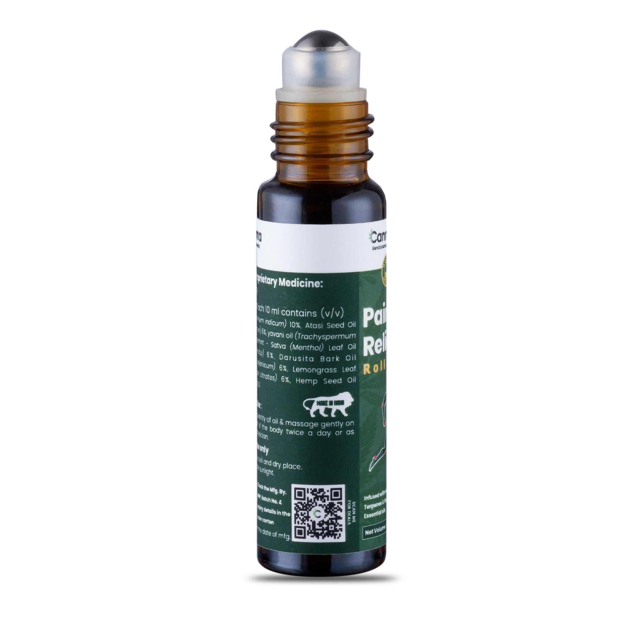 Pain relief roll-on bottle with green label
