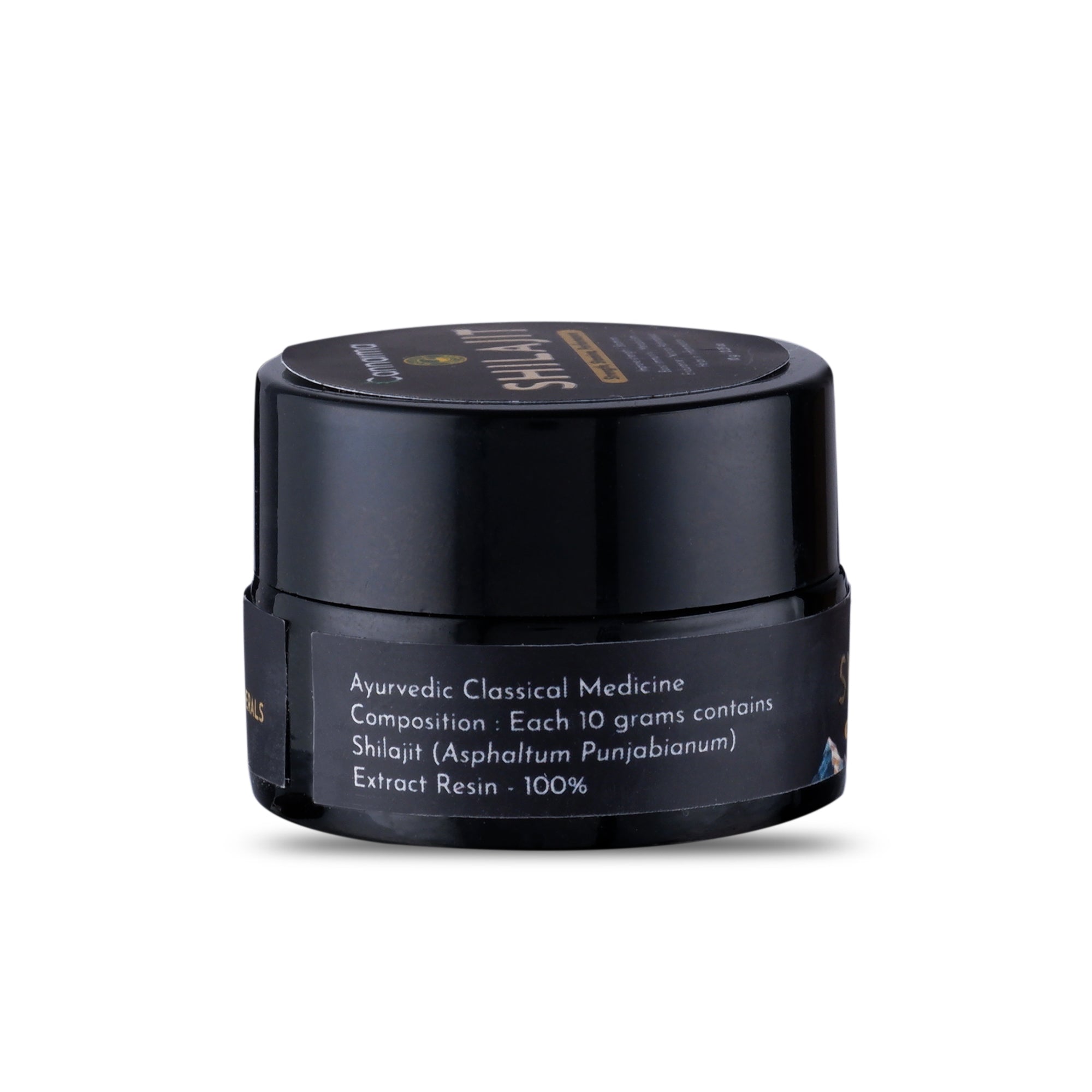 Black jar of shilajit extract resin on white background