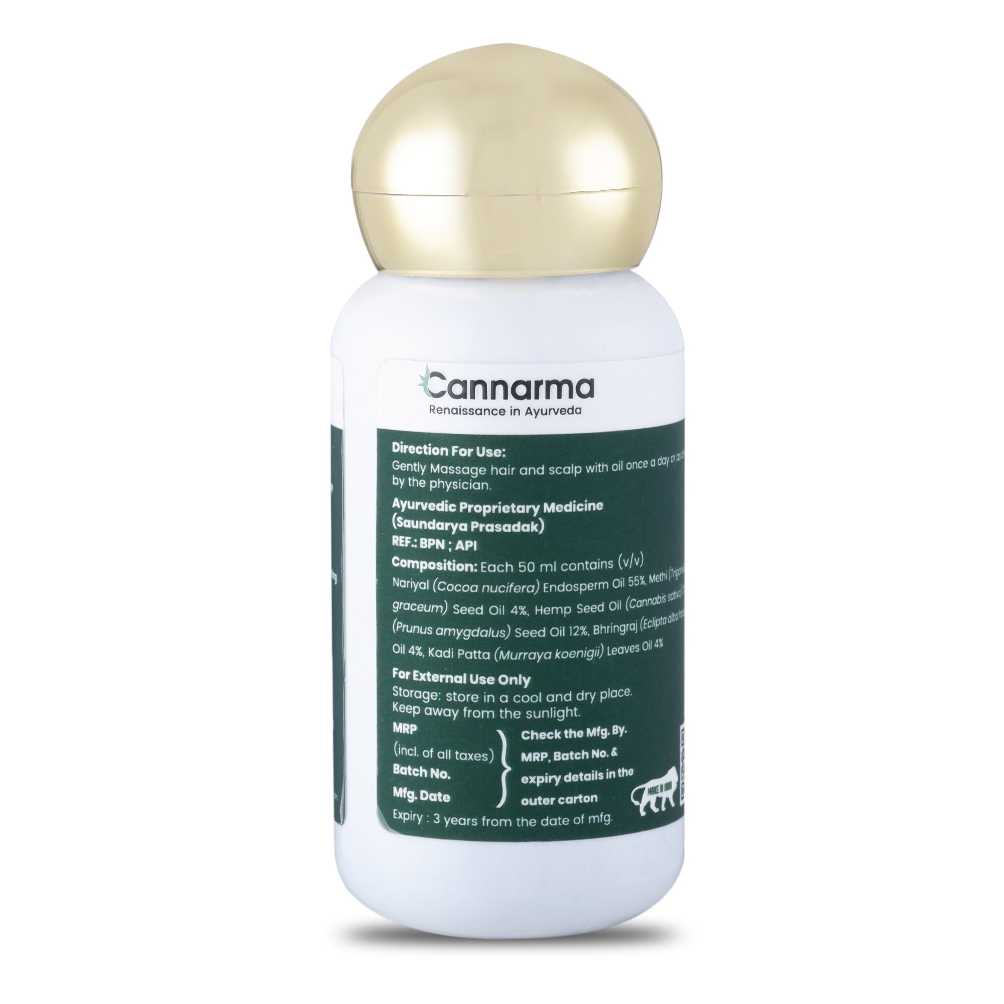 Cannarma hemp hair oil bottle with gold cap, showing back label with directions and composition details