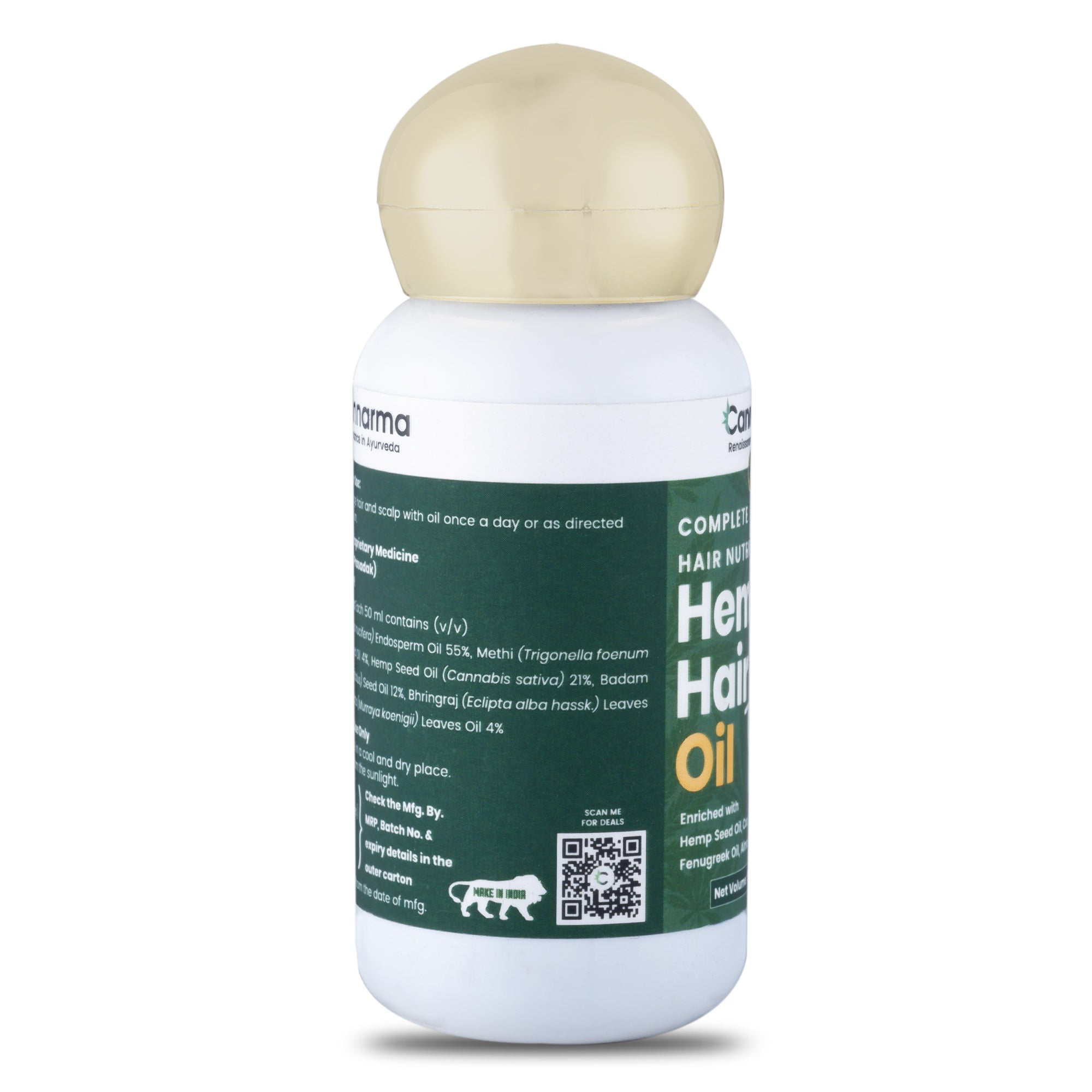 White bottle with gold cap of hemp hair oil, green label, cannabis extract product