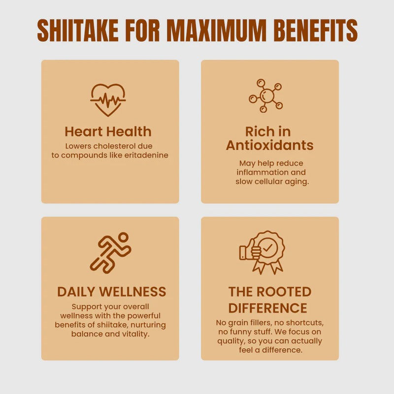 Rooted Actives Shiitake Mushroom Powder - Pure Fruit-Body Extract for Coffee, Tea & Smoothies