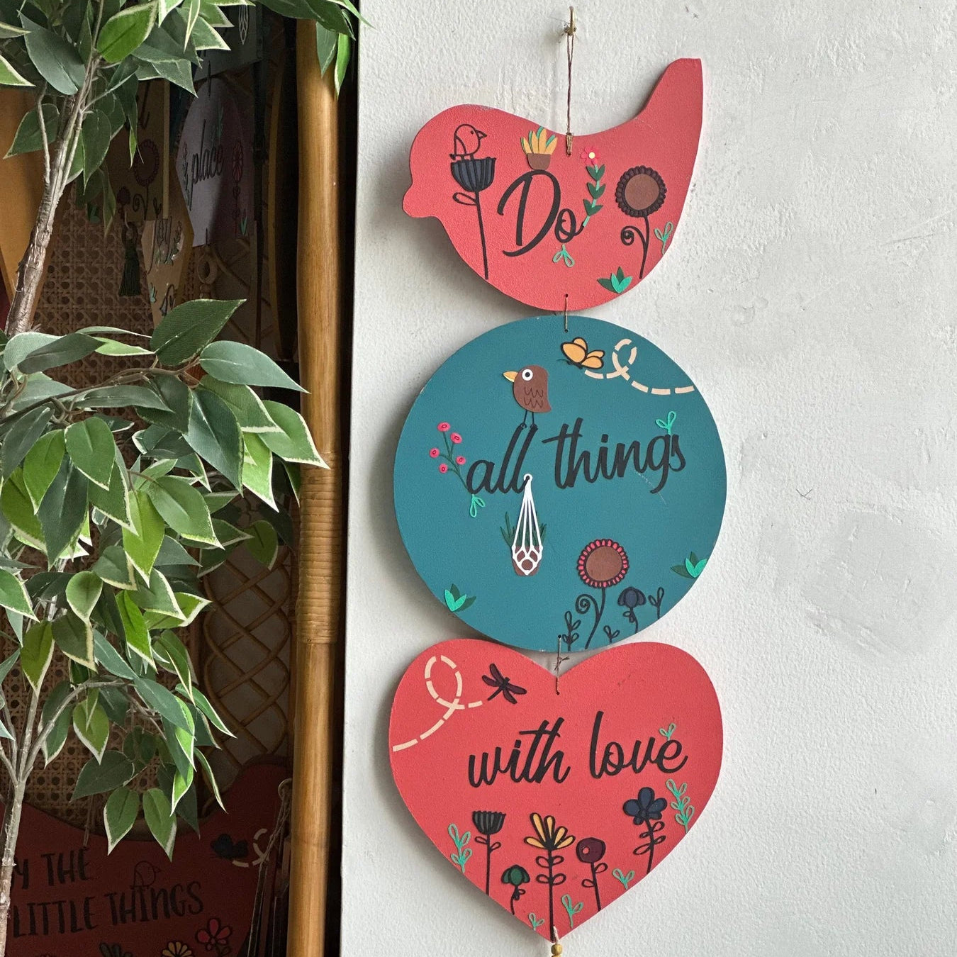 Do all things with love wall art, coral pink heart that says 
