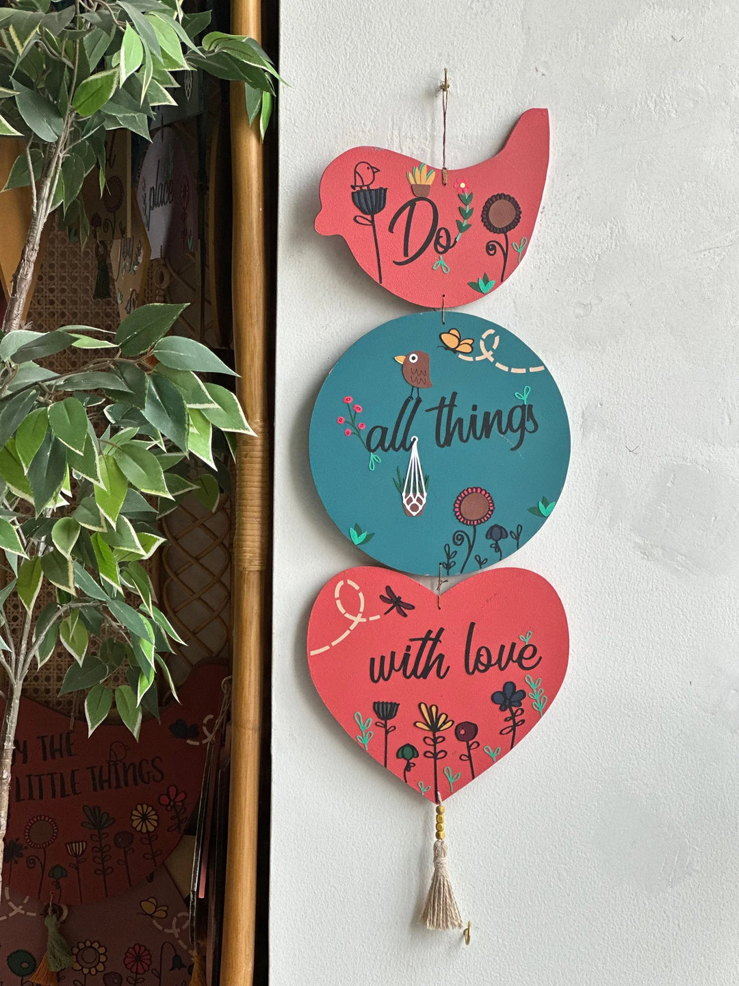 Do all things with love wall art, coral pink heart that says 