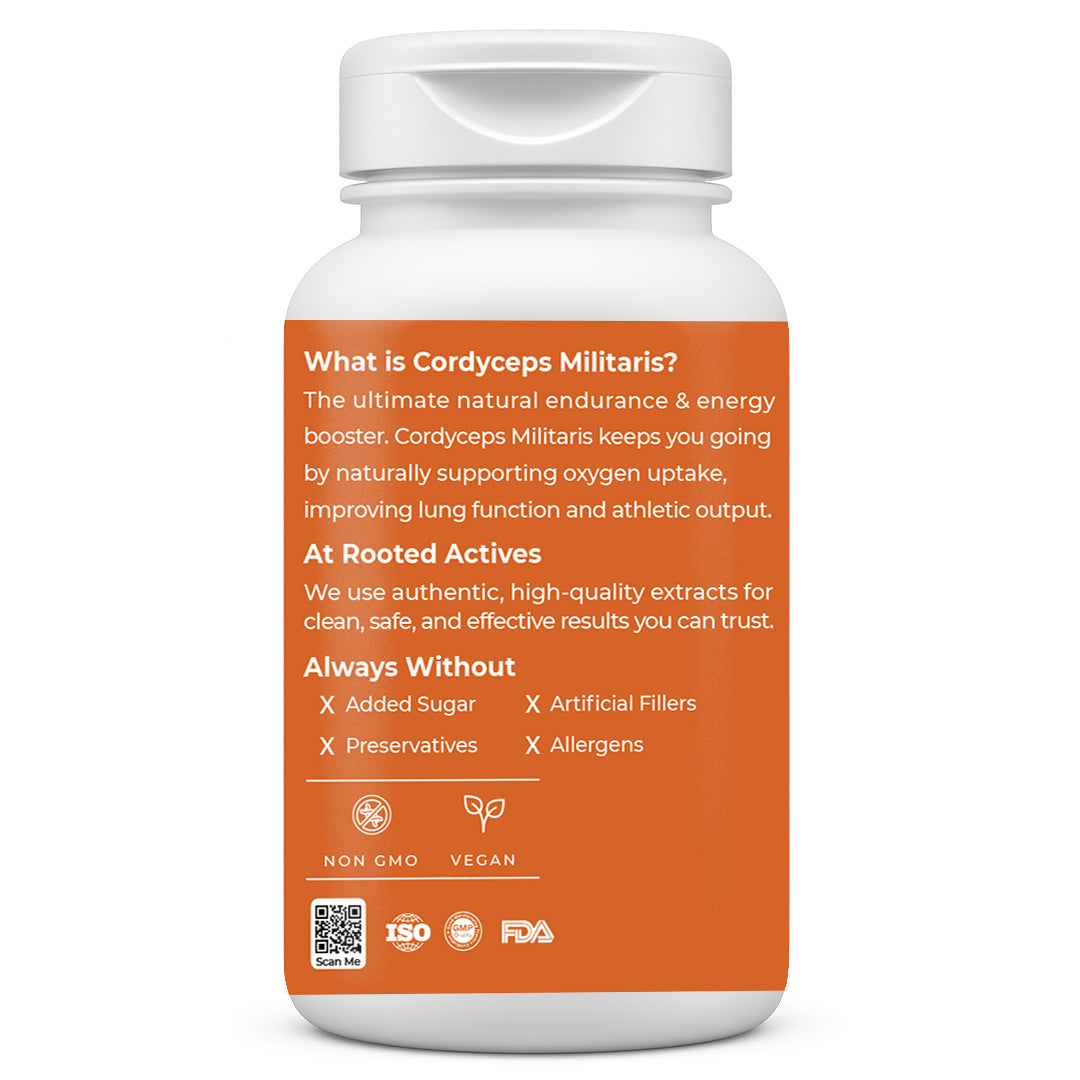 Rooted Actives Cordyceps Militaris Extract Capsules - Adenosine & Cordycepin Standardised | Everyday Energy Routine