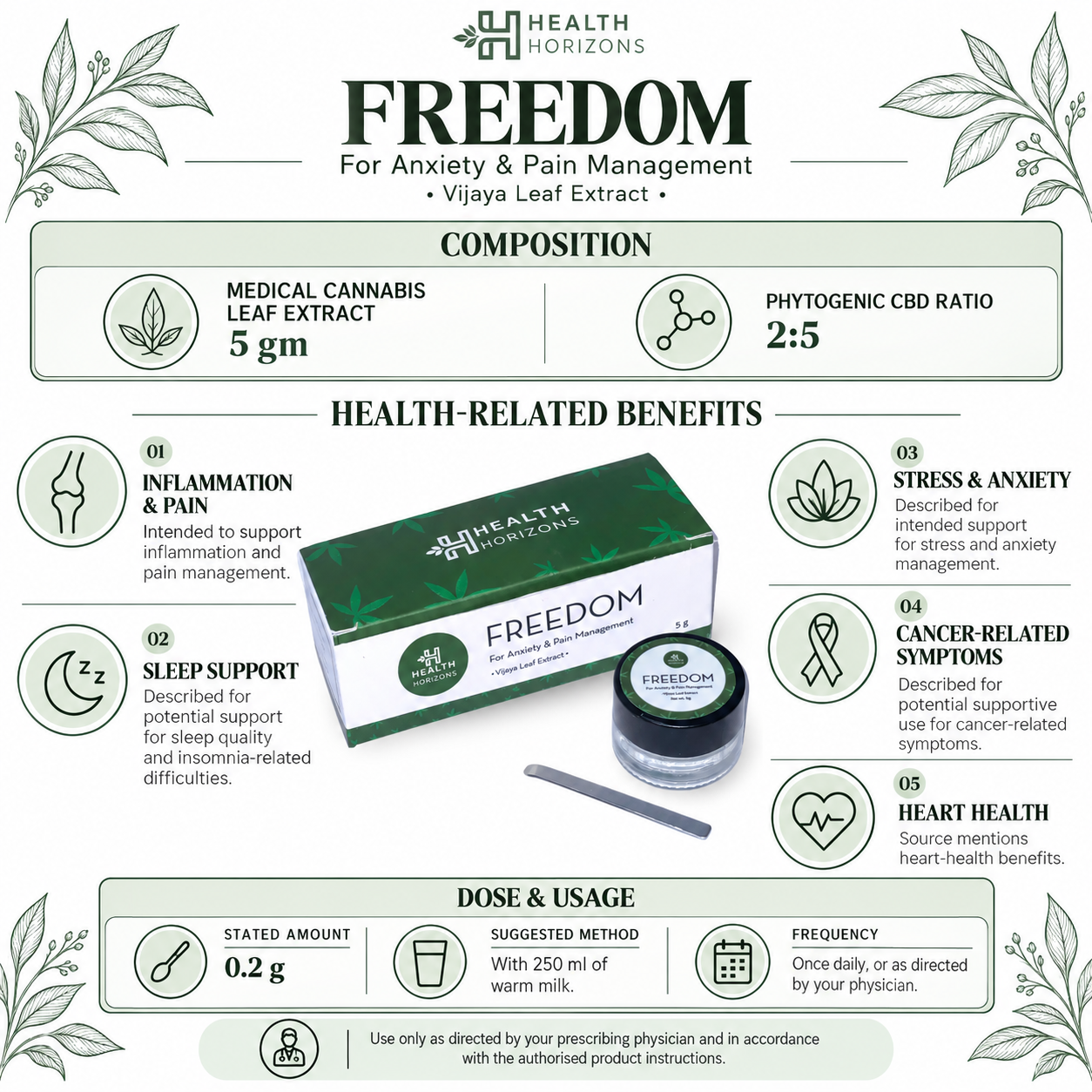 Health Horizons Freedom - Full Spectrum Medical Cannabis Extract | Naturally Derived 2:5 CBD:THC | Anti Anxiety & Pain Management | 5000mg/5g