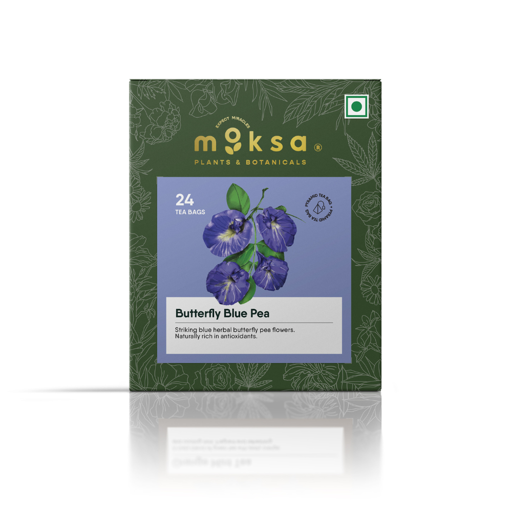 Moka Tea packaging with butterfly blue pea design on a white background