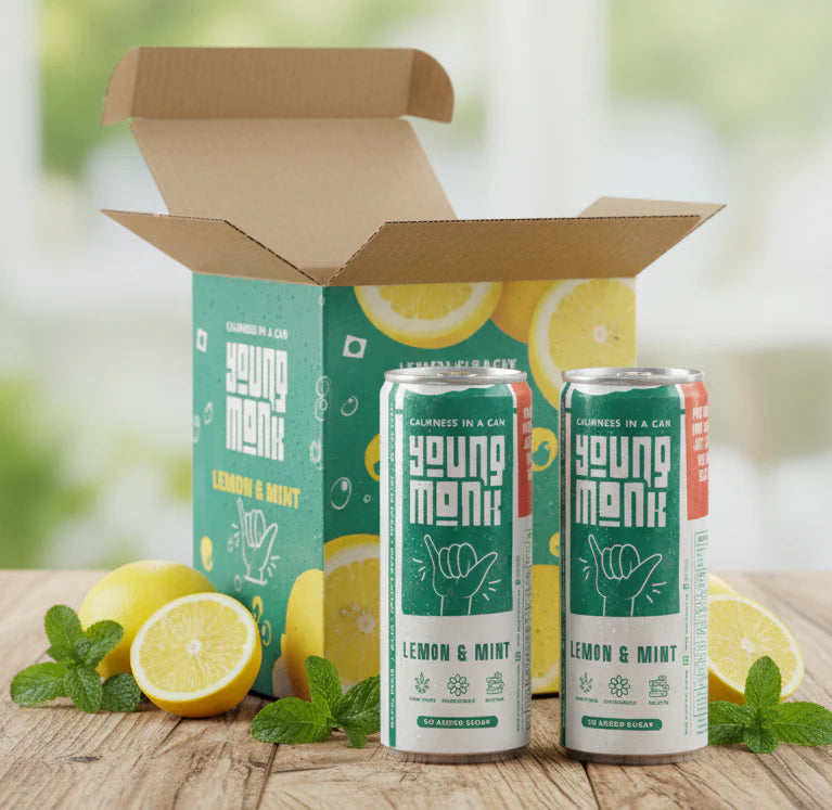Young Monk CALMNESS Drink – Hemp & Herbal Sparkling Beverage - Lemon & Mint - Zero Sugar.