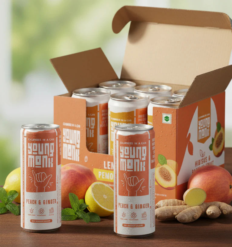 Young Monk Sparkling Hemp Drink – Peach & Ginger | Hemp, Monk Fruit & Ayurvedic Herb Infusion.