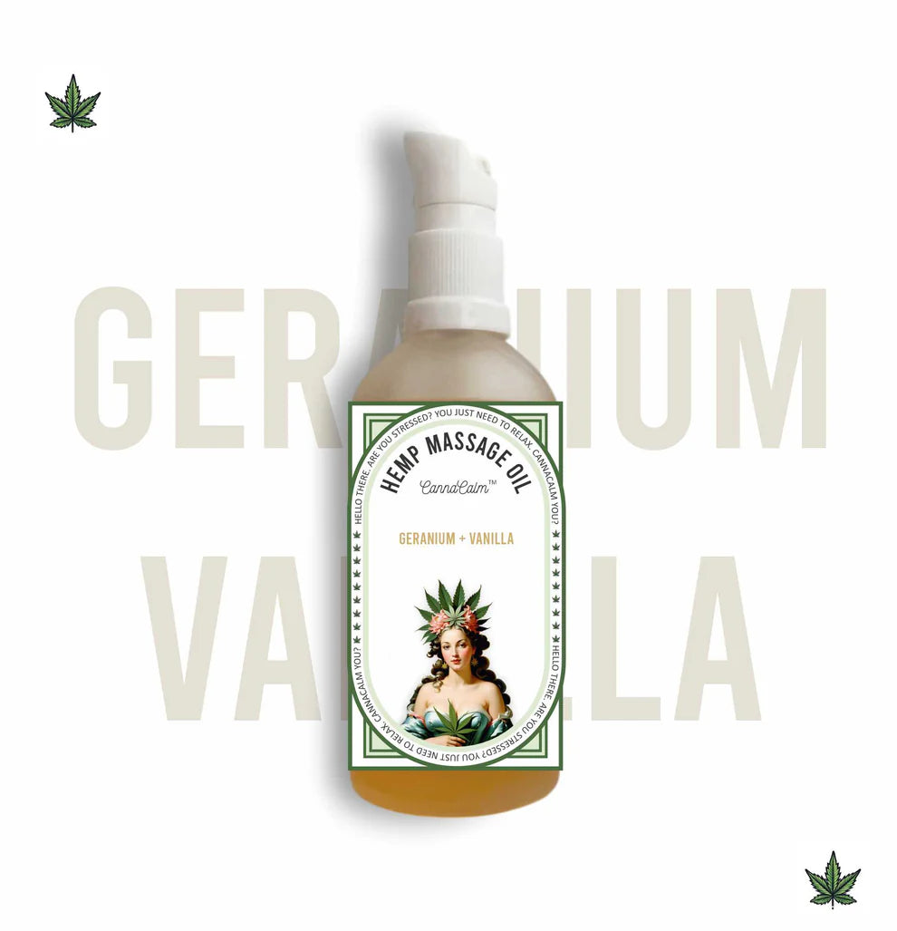 CannaCalm Hemp Massage Oil-Geranium + Vanilla.