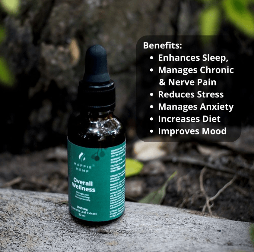 Happie Hemp - Overall Wellness - mages pain - enchances sleep - manage anxiety - manages chronic & nerve pain - increases diet - improves mood - cannabis leaf extract
