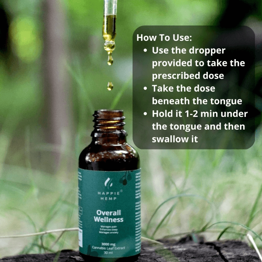 Happie Hemp - Overall Wellness - mages pain - enchances sleep - manage anxiety - manages chronic & nerve pain - increases diet - improves mood - cannabis leaf extract