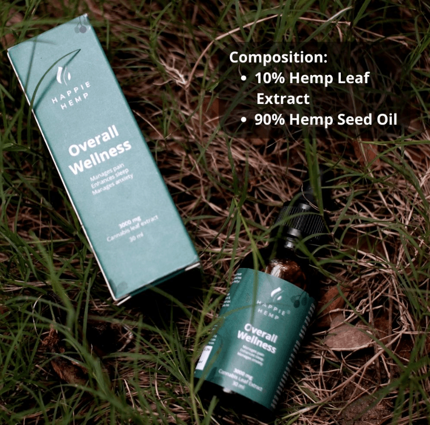 Happie Hemp - Overall Wellness - mages pain - enchances sleep - manage anxiety - manages chronic & nerve pain - increases diet - improves mood - cannabis leaf extract - Hemp leaf Extract - Hemp seed oil