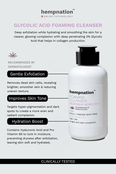 Hempnation - Glycolic Acid Foaming Cleanser – Bright and Clear Complexion - Dull / Uneven Skin.