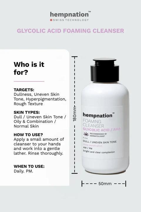 Hempnation - Glycolic Acid Foaming Cleanser – Bright and Clear Complexion - Dull / Uneven Skin.