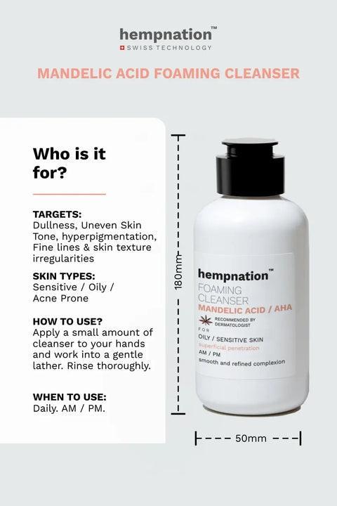 Hempnation - Mandelic Acid Foaming Cleanser – Reduces Sebum & Prevents Acne - Sensitive Skin.