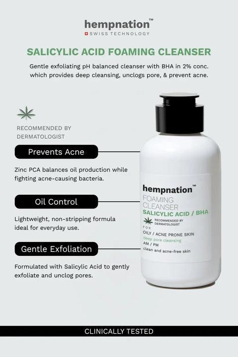 Hempnation - Salicylic Acid Foaming Cleanser – Reduces Sebum & Prevents Acne - Oily / Acne-Prone Skin.