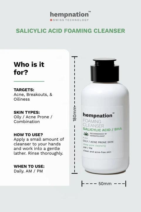 Hempnation - Salicylic Acid Foaming Cleanser – Reduces Sebum & Prevents Acne - Oily / Acne-Prone Skin.