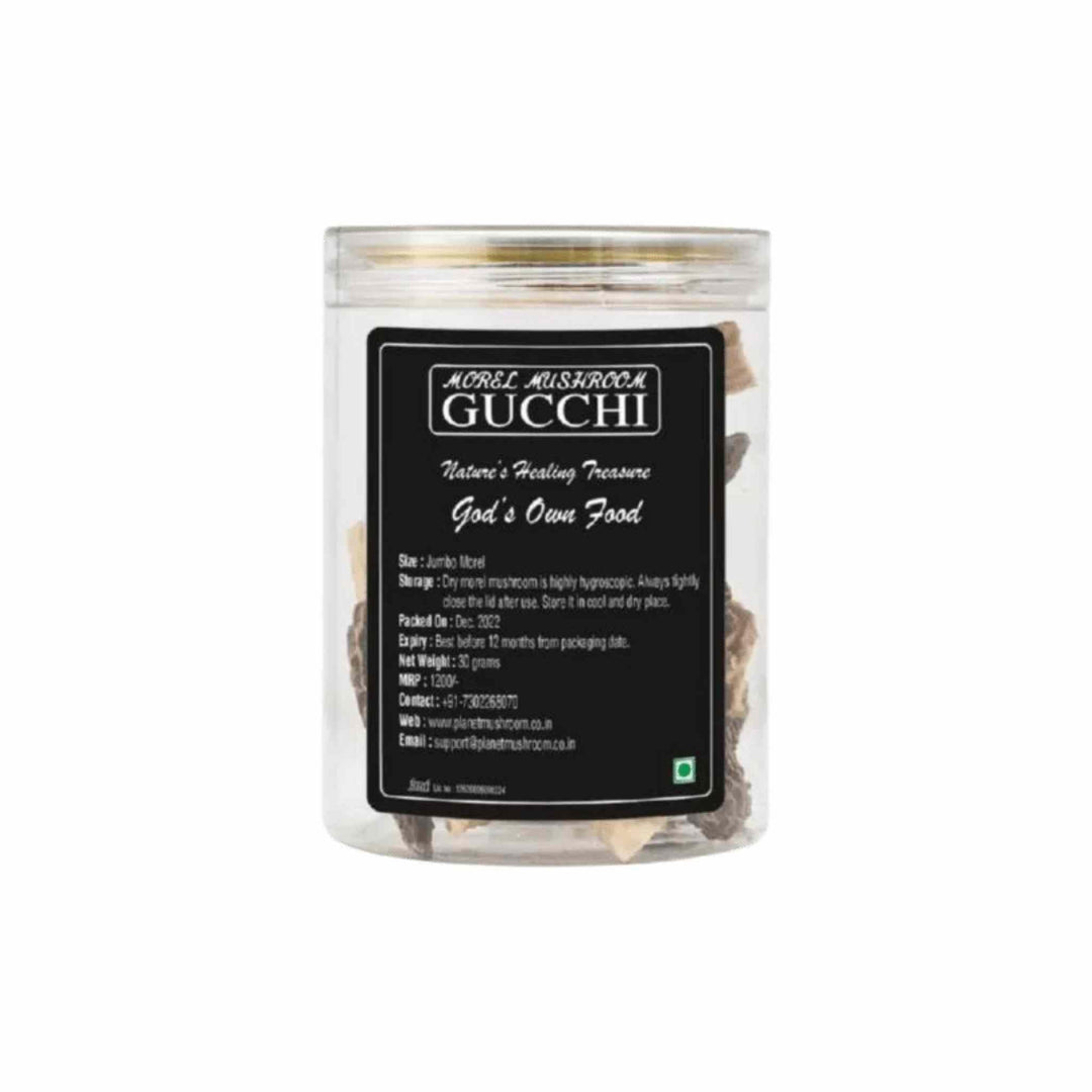 Planet Mushroom - Gucchi Mushroom (Jumbo Size Box of 30 gms)Dried MushroomGucchi Mushroom - Buy Morel Mushrooms | 30gm Box