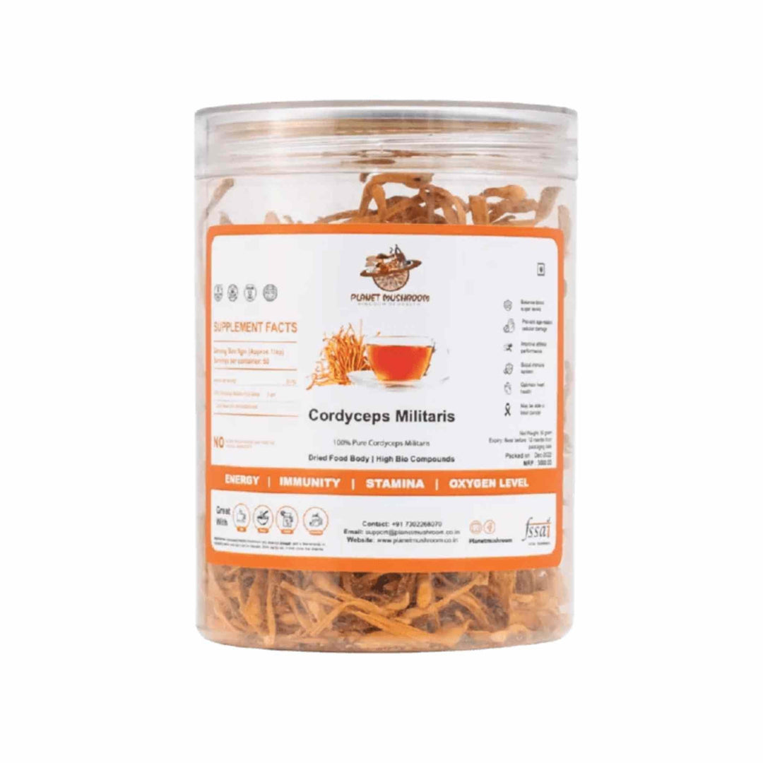 Planet Mushroom - Cordyceps Militaris (Box of 50 gms/50 servings)Dried MushroomPlanet Mushroom - Cordyceps Militaris Benefits Box 50g
