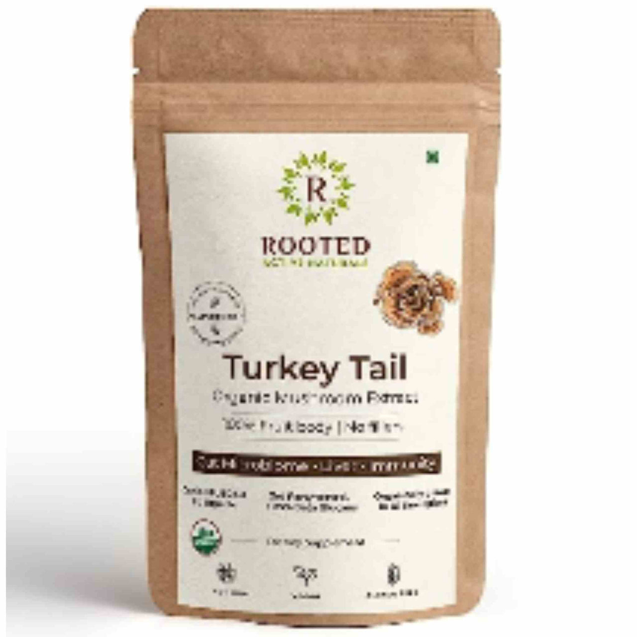 Rooted Actives Turkey Tail mushroom Extract Powder | Gut Health, Liver, Immunity | USDA Organic, 35% Beta Glucans