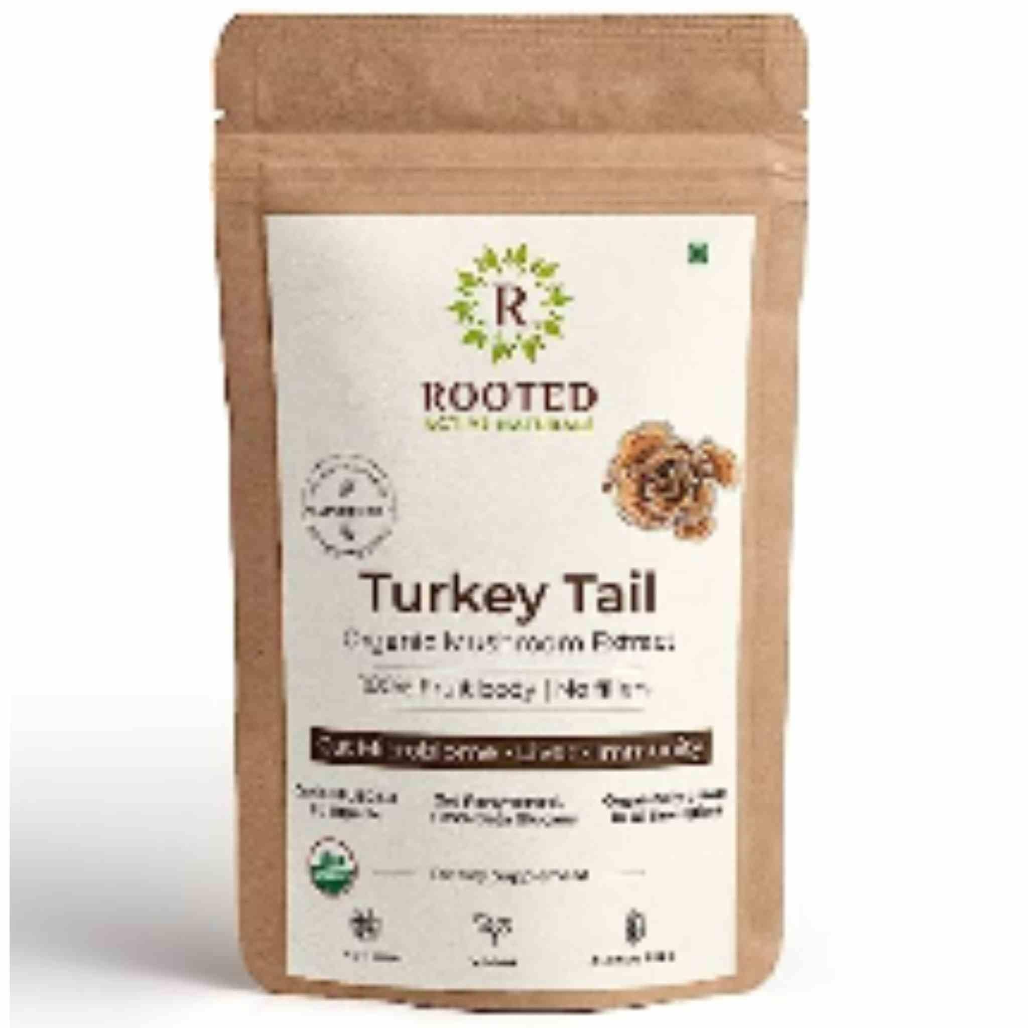Rooted Actives Turkey Tail mushroom Extract Powder | Gut Health, Liver, Immunity | USDA Organic, 35% Beta Glucans.
