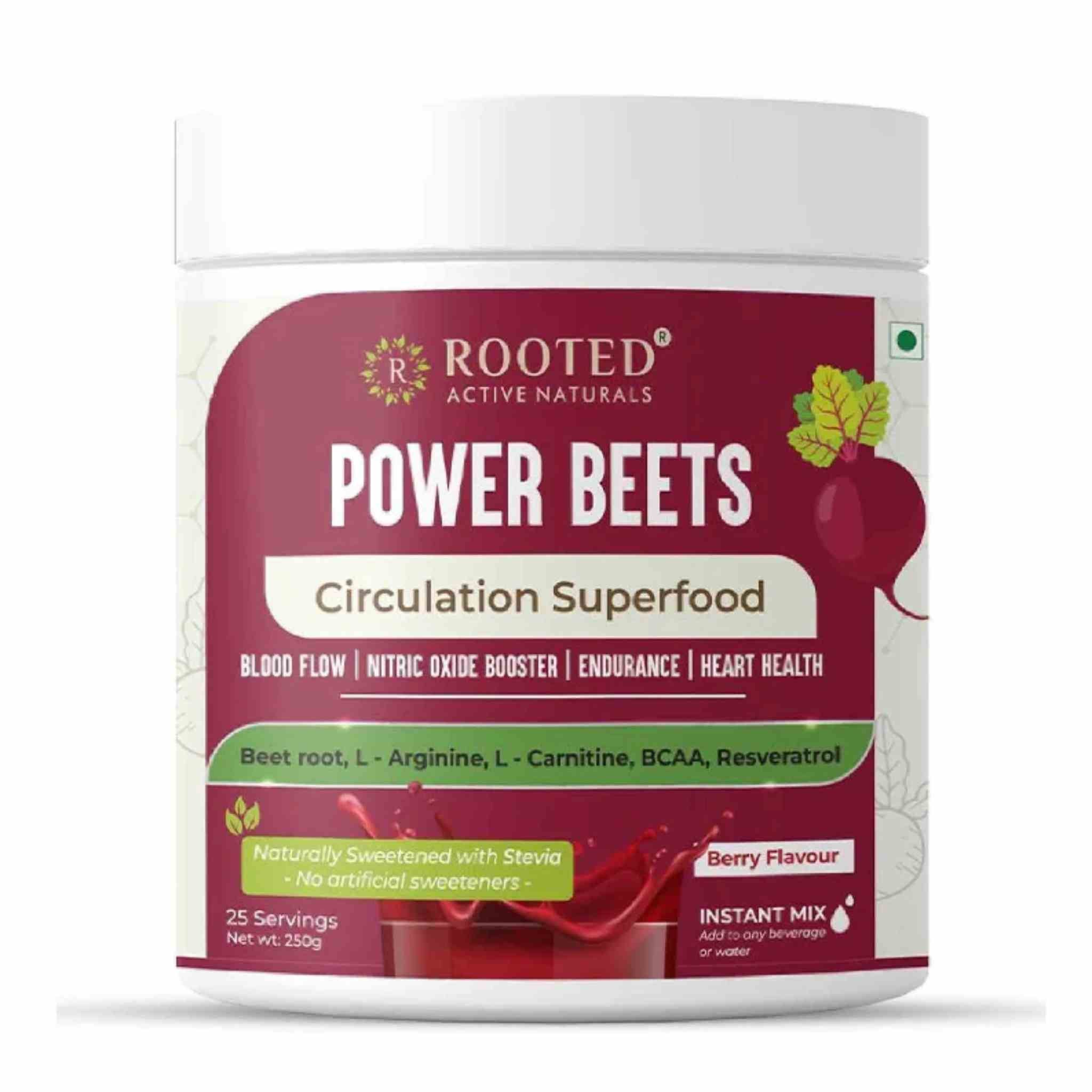 Rooted Actives Power Beets ( 250 g) - Organic Beet root powder with L arginine, L Carnitine, BCAA, Reservatrol & Stevia | Heart, Endurance, Nitric oxide booster - CBD Store India