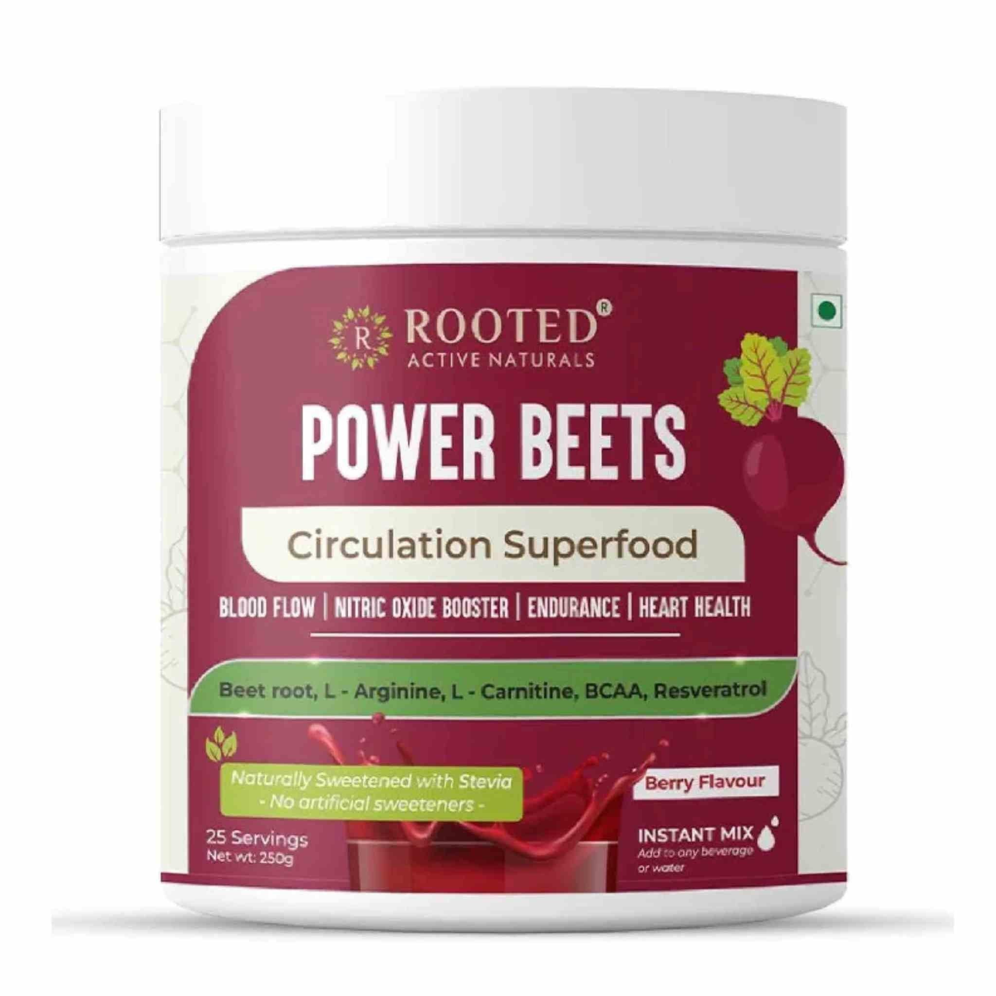 Rooted Actives Power Beets ( 250 g) - Organic Beet root powder with L arginine, L Carnitine, BCAA, Reservatrol & Stevia | Heart, Endurance, Nitric oxide booster.