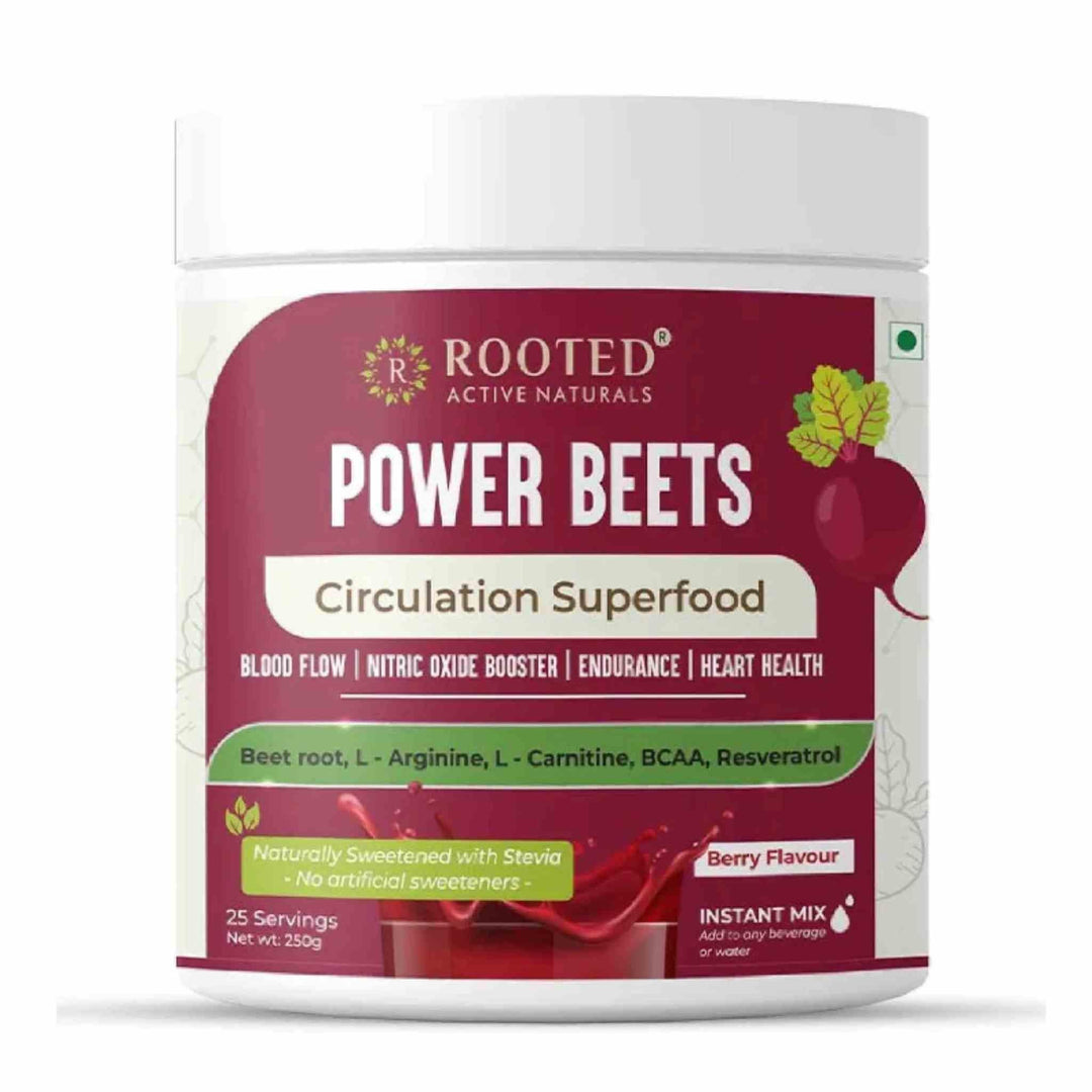 Rooted Actives Power Beets ( 250 g) - Organic Beet root powder with L arginine, L Carnitine, BCAA, Reservatrol & Stevia | Heart, Endurance, Nitric oxide boosterBeet Root PowderPower Beets | Beet Root Powder | Beet Root super drink mix