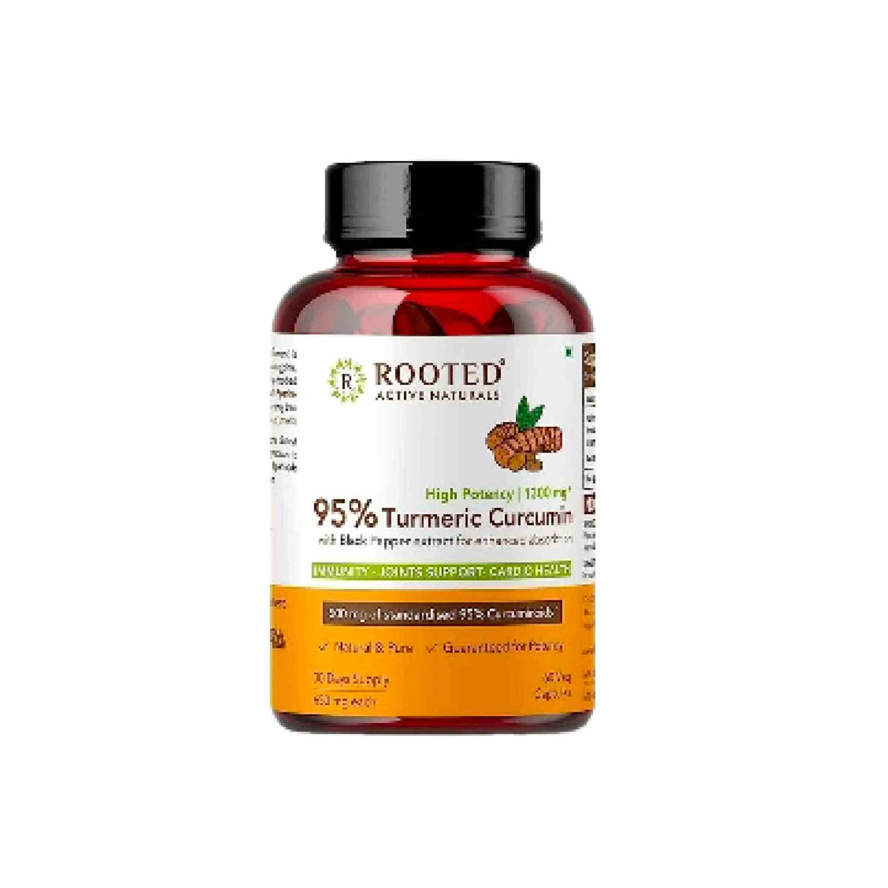 Rooted Curcumin (95%) with Black pepper Extract (for better absorption),1300mg, for Immunity, Joints Cardio Health| 60 VEG Capsules, 650 Mg each