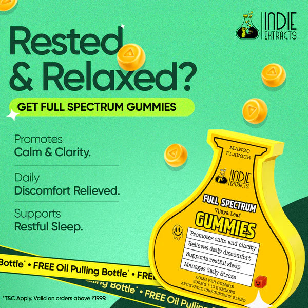 Advertisement for Indie Extracts full spectrum gummies with a green background and yellow bottle.