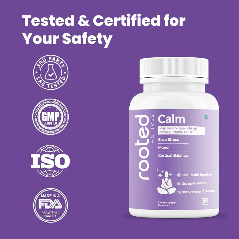 Rooted Actives Calm KSM-66 Ashwagandha, Magnesium Glycinate & L-Theanine Tablets | Daily Calm Routine