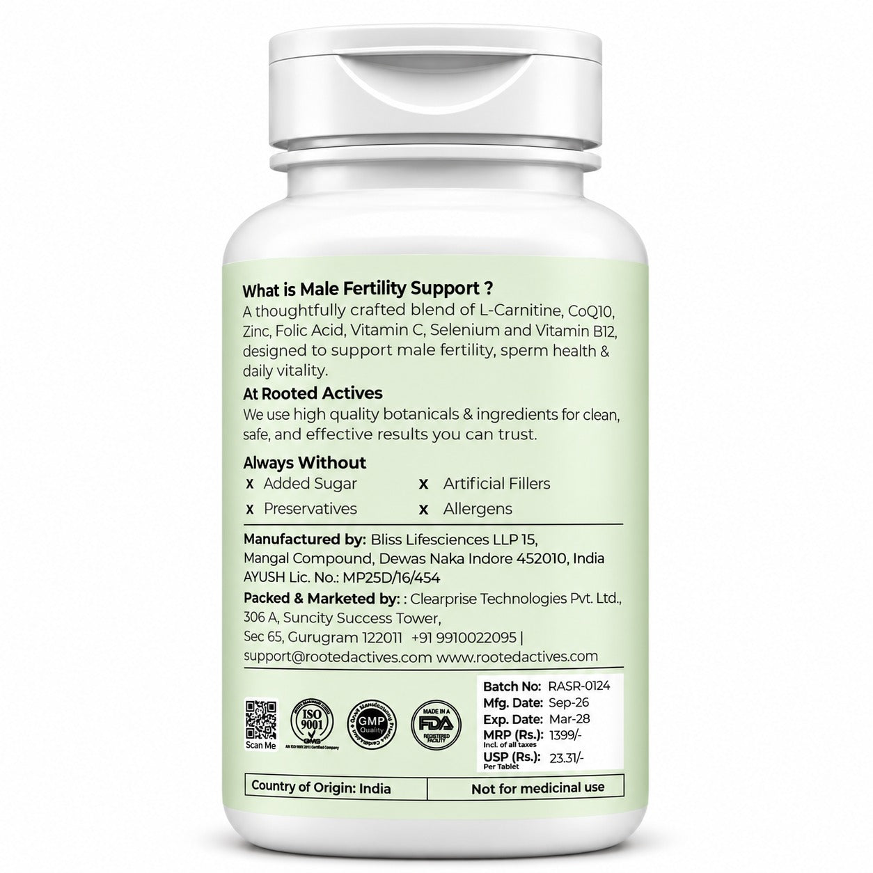 Rooted Actives 9-in-1 Men's Wellness Tablets - L-Carnitine, CoQ10, Vitamin C & Selenium Formula