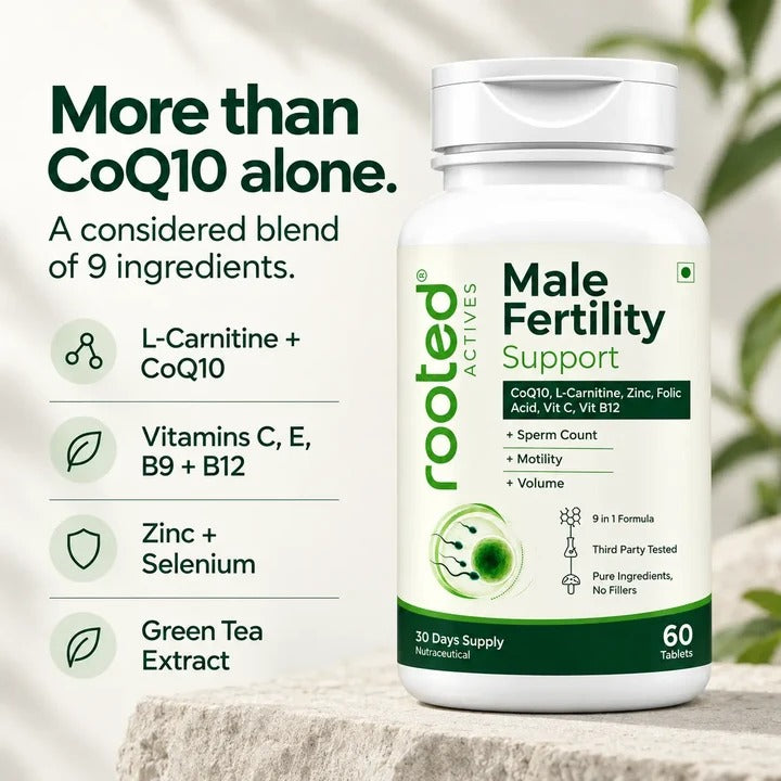 Rooted Actives 9-in-1 Men's Wellness Tablets - L-Carnitine, CoQ10, Vitamin C & Selenium Formula
