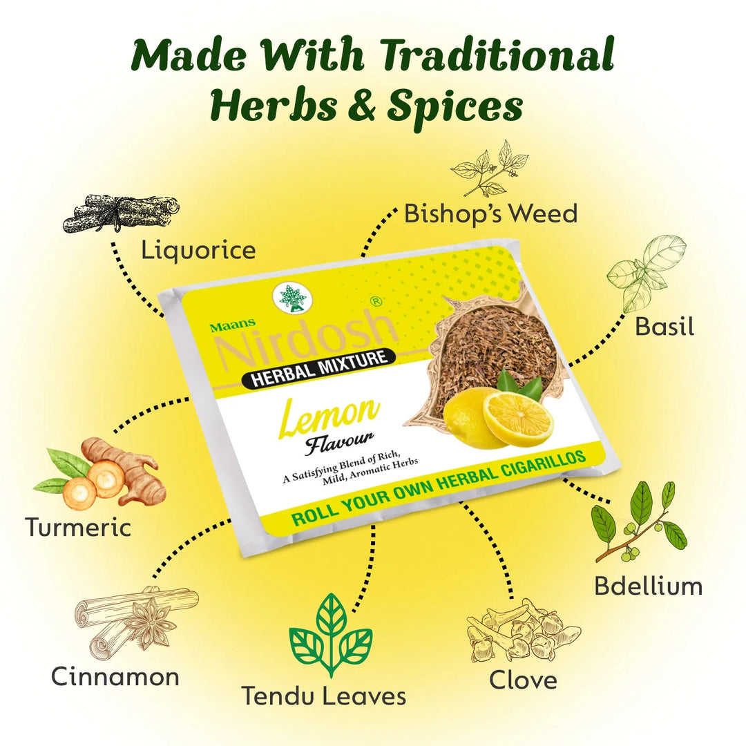 Each Nirdosh Herbal Raw Mixture pouch contains 50g of herbal blend, and a counter display box holds 10 such pouches.