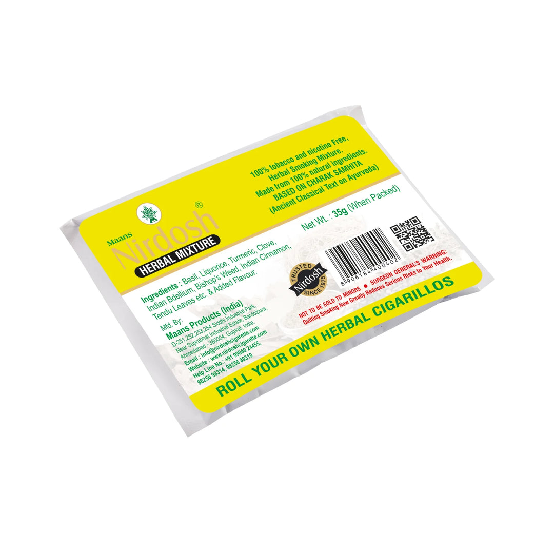 Each Nirdosh Herbal Raw Mixture pouch contains 50g of herbal blend, and a counter display box holds 10 such pouches.