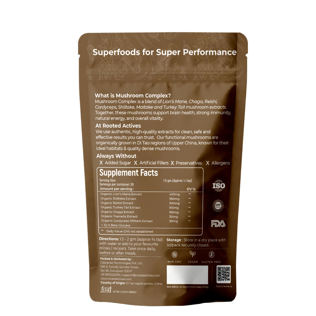 Rooted Actives Organic 7-Mushroom Complex Powder - Lion's Mane, Reishi, Cordyceps, Shiitake, Turkey Tail, Chaga & Tremella