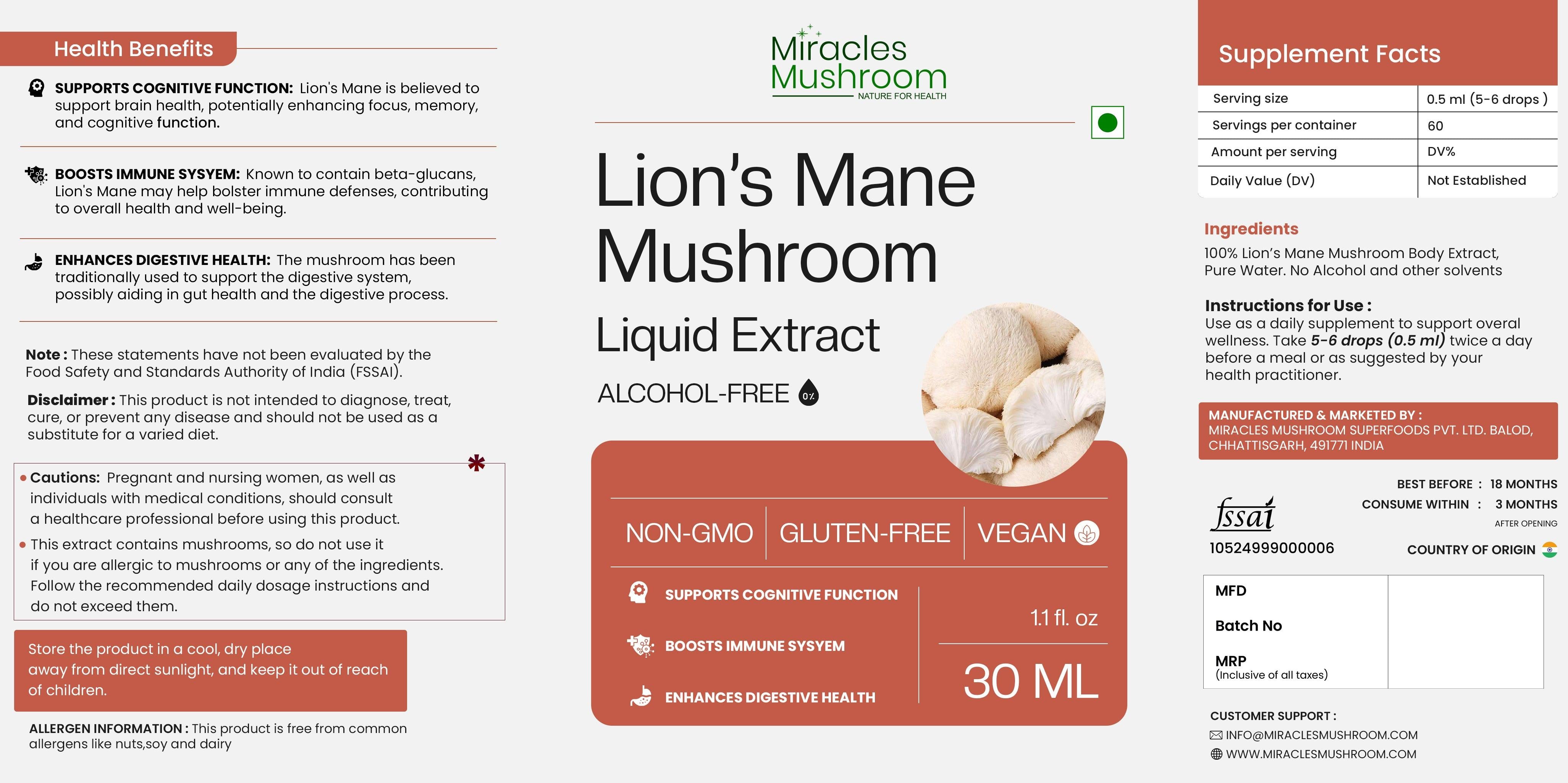 Miracles Mushroom  - Lion's Mane Mushroom Liquid Extract - 30ml.