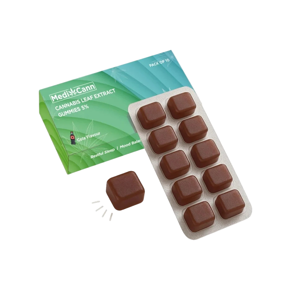Cannabis leaf extract gummies with packaging on a white background