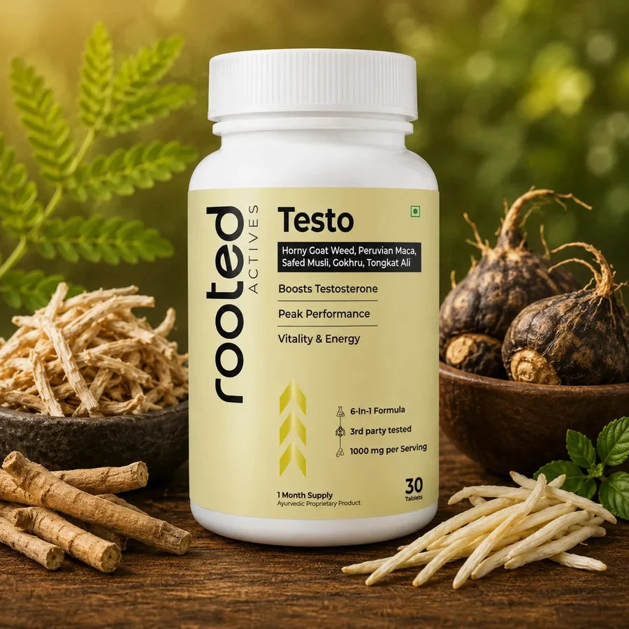 Rooted Actives Testo Tablets - Maca, Safed Musli, Tongkat Ali, Fenugreek & Gokhru Herbal Formula for Men