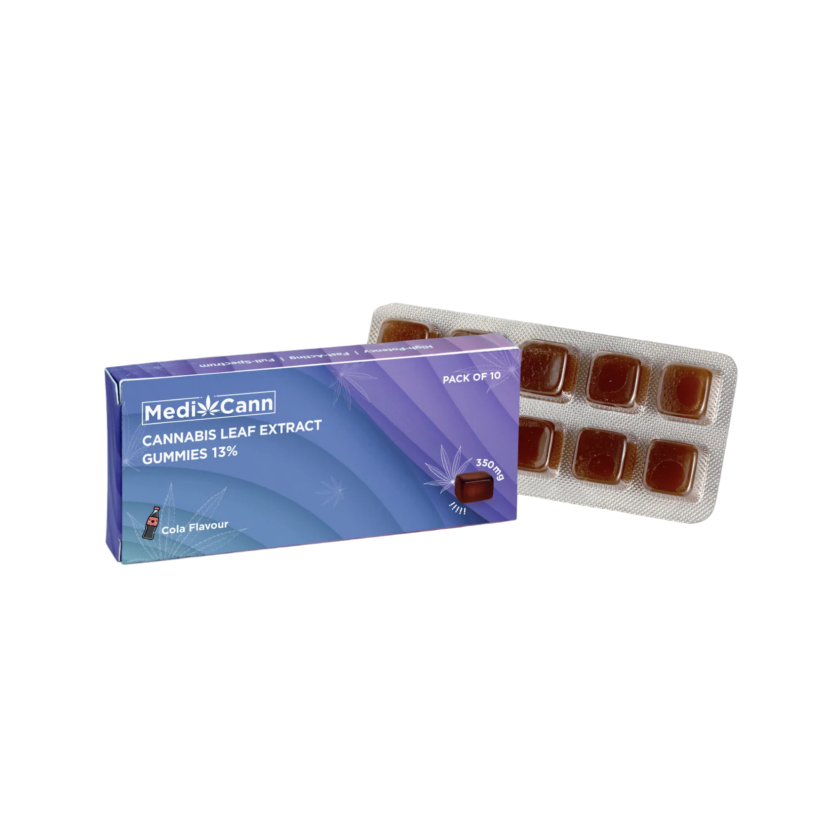 MediCann cannabis leaf extract gummies packaging on a gray background