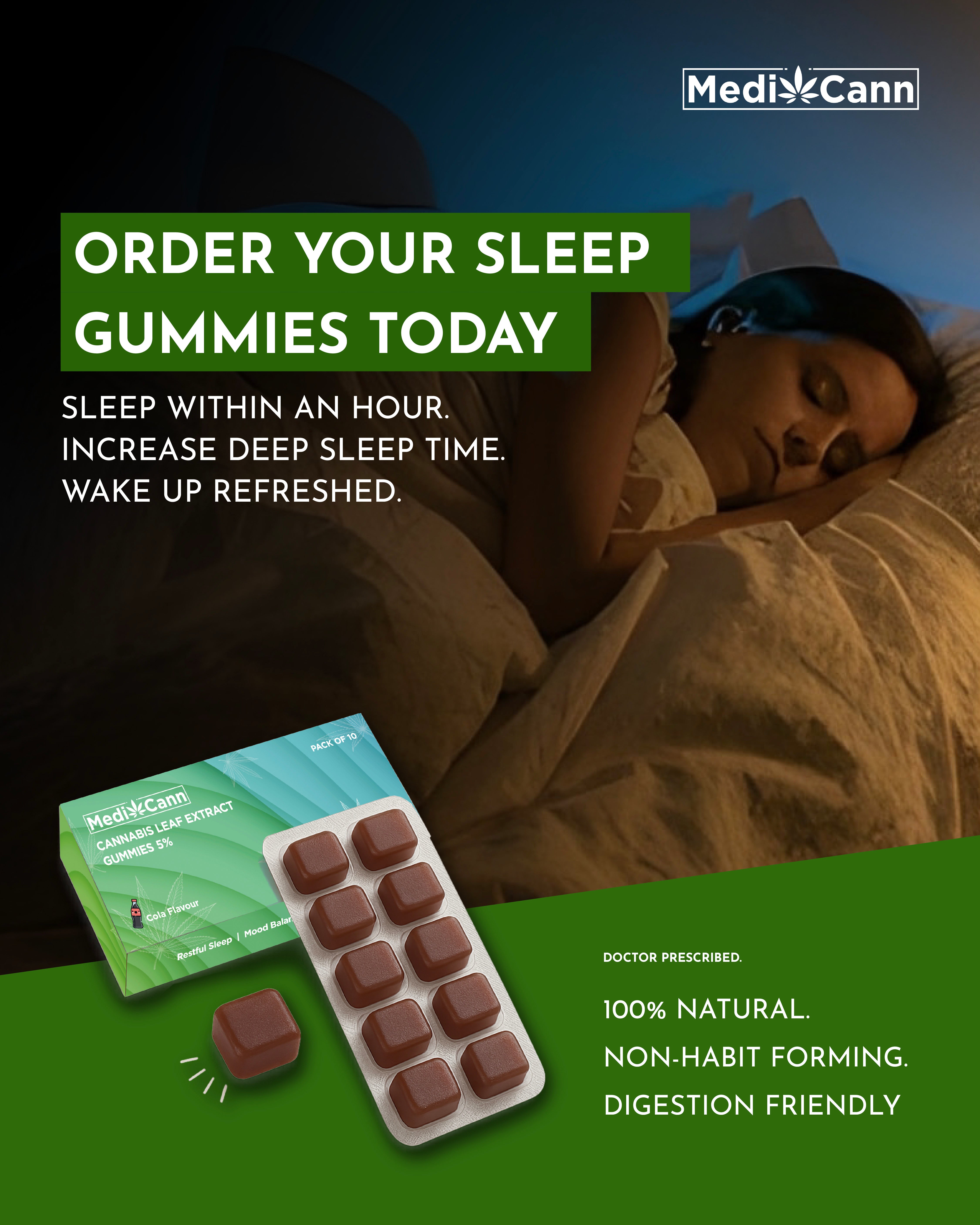 Advertisement for Medlicann sleep gummies with a person sleeping in the background.