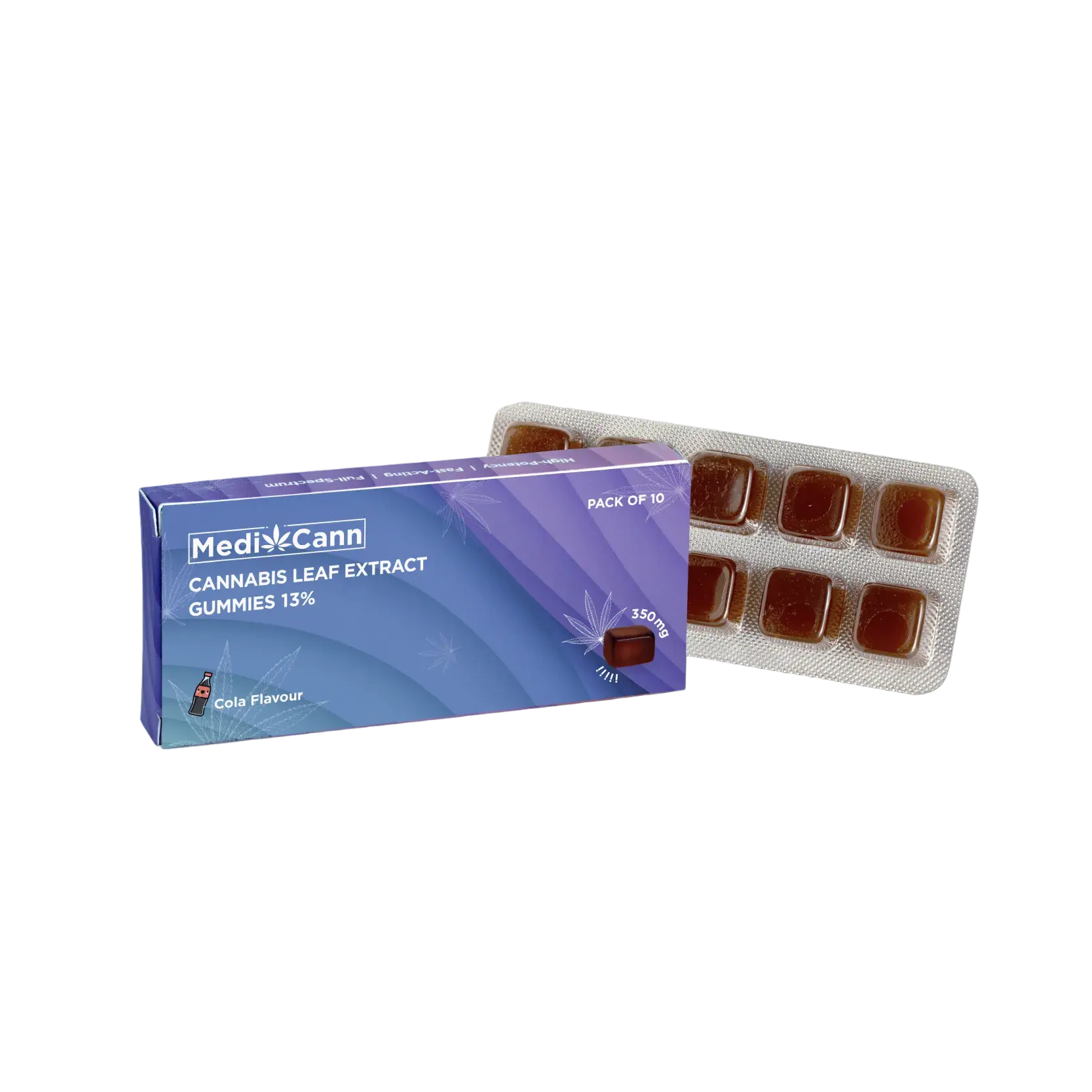 MediCann cannabis leaf extract gummies packaging on a gray background