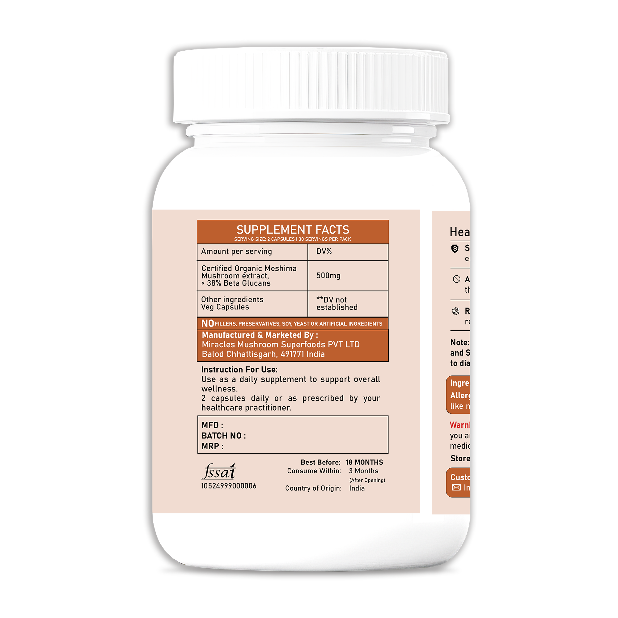 Miracles Mushroom  Meshima Mushroom Extract Capsules-  100% Fruit Body Extract.