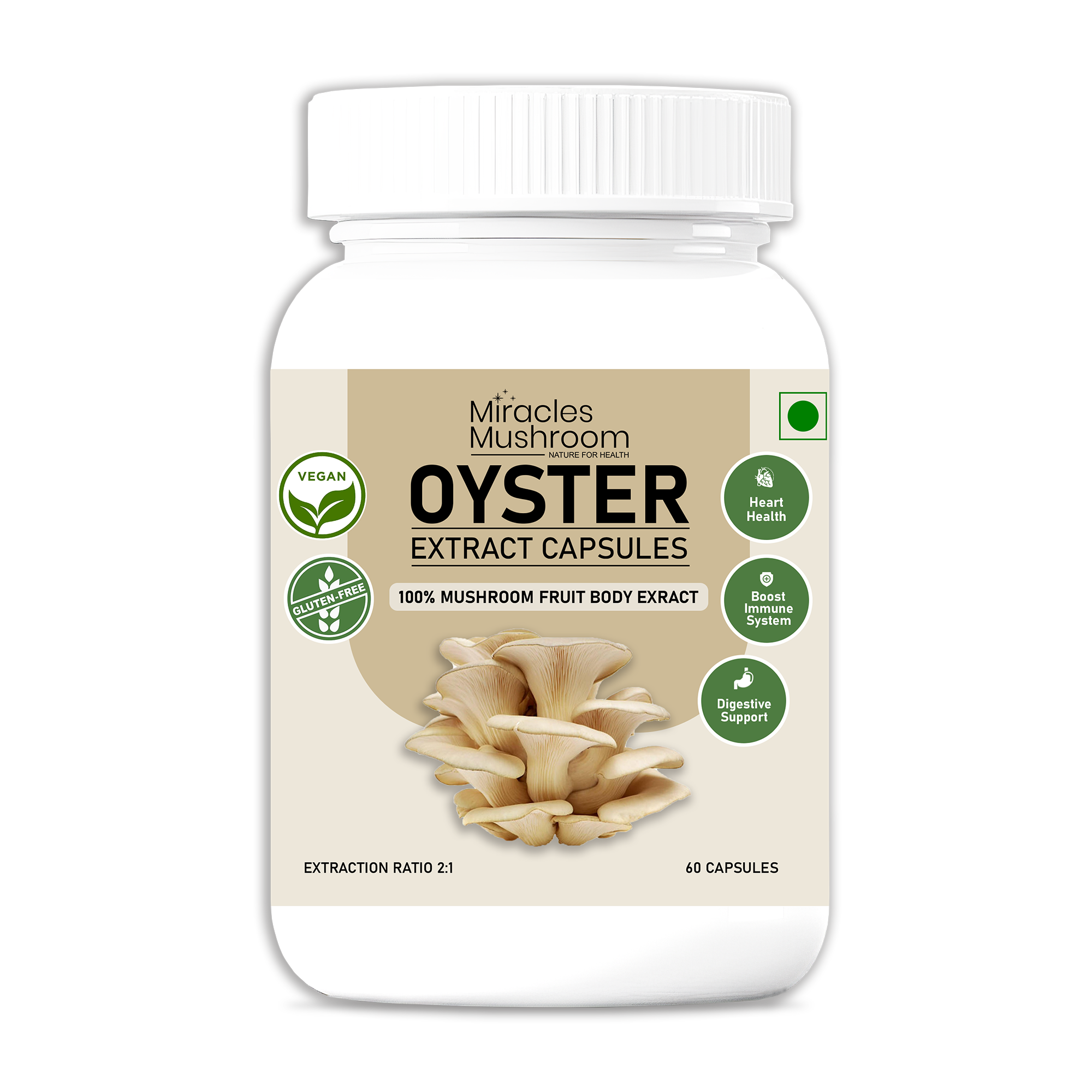 Miracles Mushroom Oyster Mushroom Extract Capsules - 100% Fruit Body Extract - 60 Capsules.