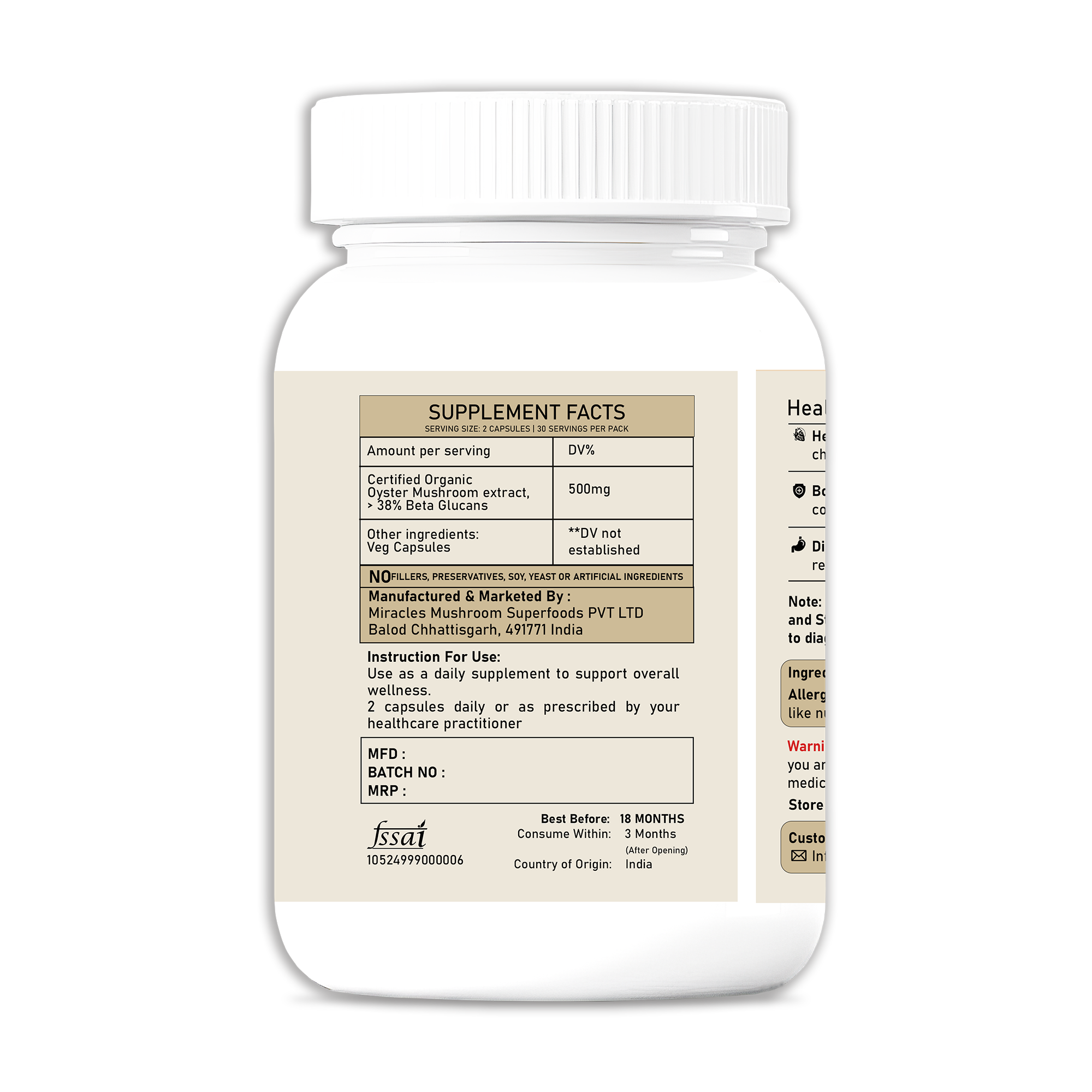 Miracles Mushroom Oyster Mushroom Extract Capsules - 100% Fruit Body Extract - 60 Capsules.