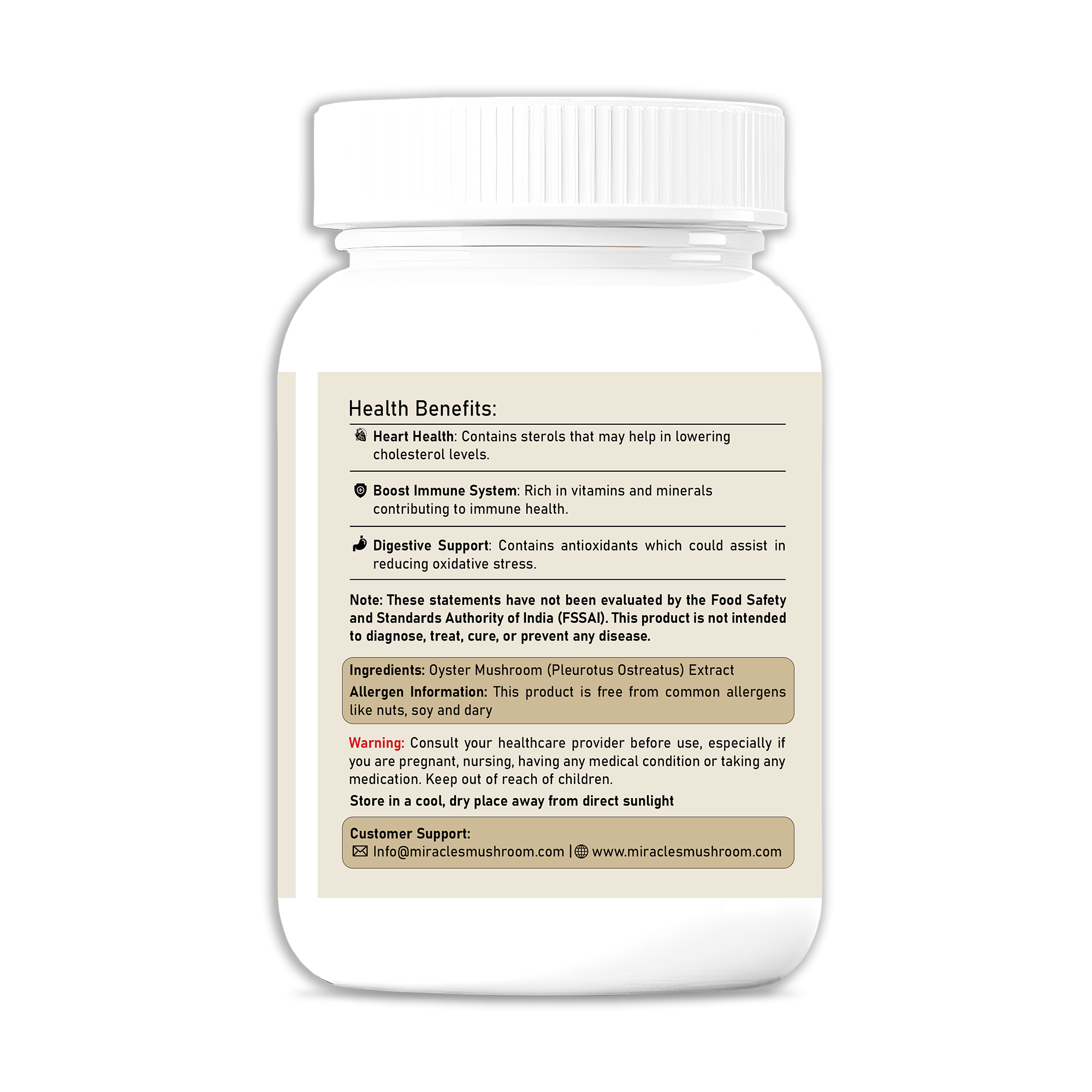 Miracles Mushroom Oyster Mushroom Extract Capsules - 100% Fruit Body Extract - 60 Capsules.