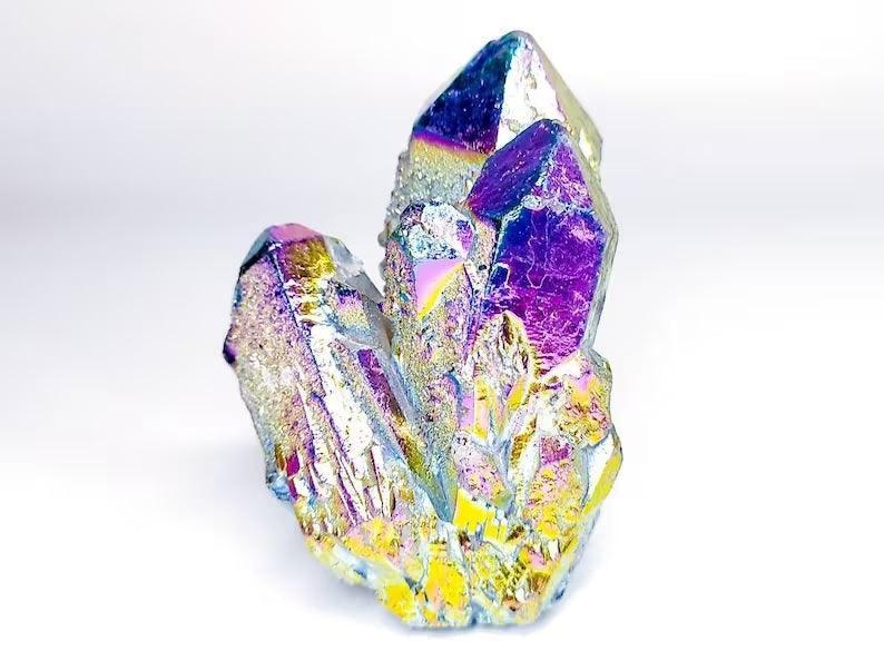 Rainbow Titanium Aura Quartz Clusters.