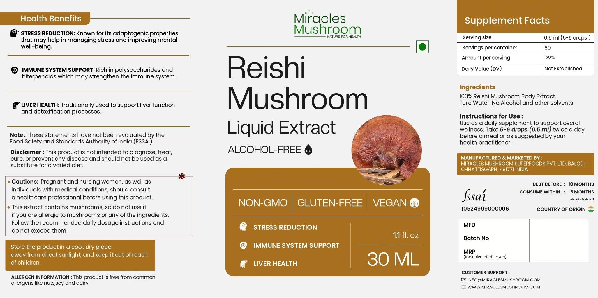 Miracles Mushroom -  Reishi Mushroom Liquid Extract - 30ml.