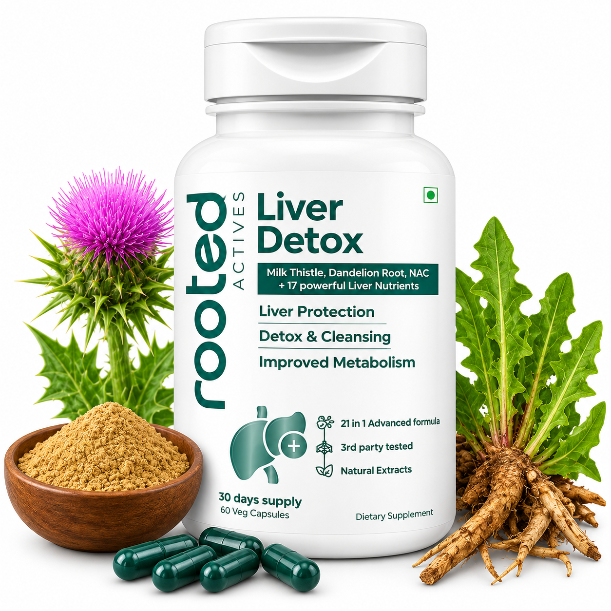 Rooted Actives Liver Detox 21-in-1 Milk Thistle, NAC & Dandelion Herbal Formula - Multi-Ingredient Daily Capsules