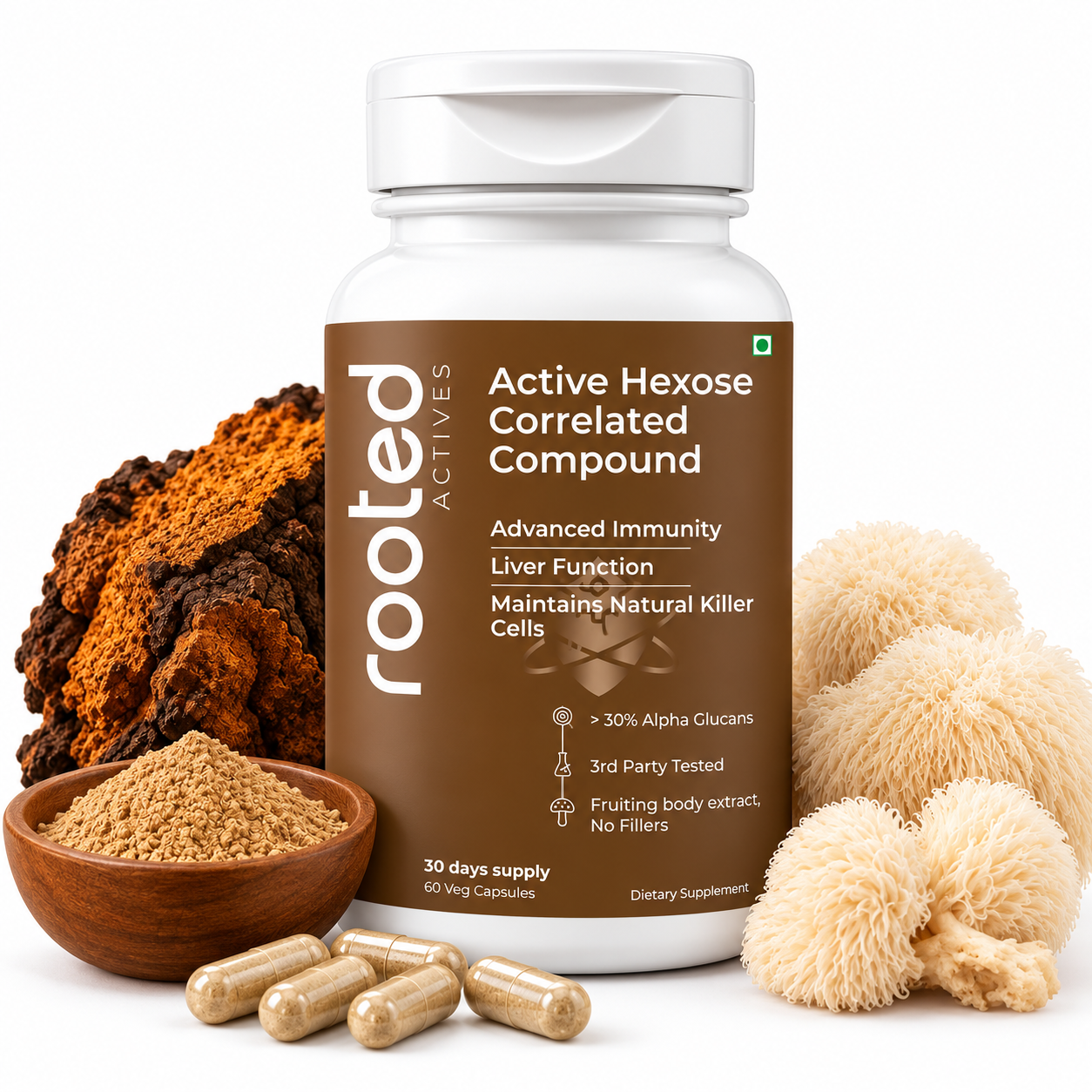 Rooted Actives AHCC Mushroom Extract Capsules - Shiitake, Lion's Mane, Maitake & Agaricus Blend | Daily Wellness